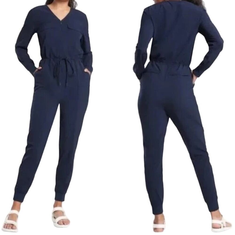 Athleta Zuma Jumpsuit Tie Waist Pocket Featherweight Wrinkle Resistant Navy M